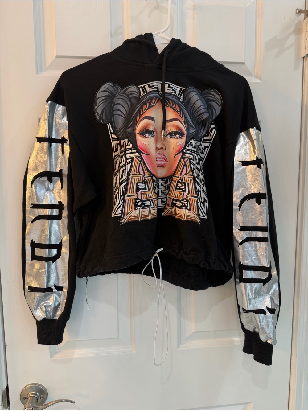 Fendi x Nicki Minaj Pullover Hoodie Graphic Print Metallic Silver Sleeves